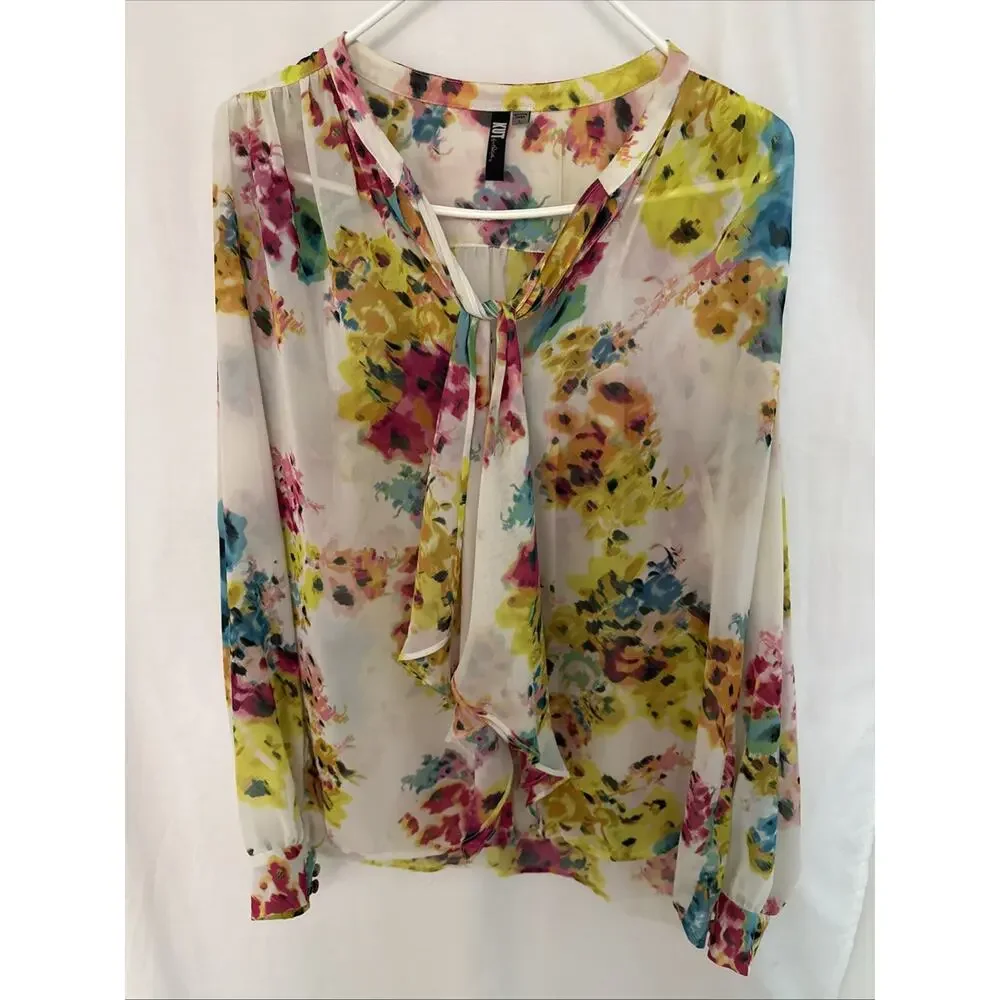 Kut from the Kloth Size Large Floral Womens Sheer Chiffon Button Down Top Blouse
